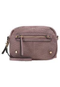 Pystysuora suorakaiteen muotoinen pussilaukku vaaleanlilassa teksturoidussa materiaalissa, jossa etutasku vetoketjulla, kultaiset metalliosat ja irrotettava hihna.