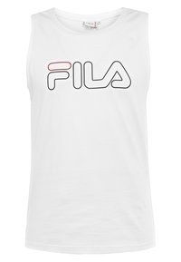 Débardeur blanc sans manches en coton. Présente un logo à contour noir audacieux avec des accents rouges. Encolure ronde et coupe décontractée.