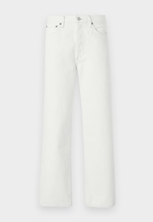 White denim jeans featuring a straight-leg cut, five-pocket design, and metal hardware accents on the waistband and pockets.