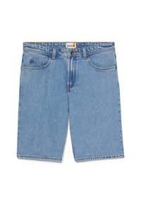 Pantalones cortos de mezclilla azul claro con un diseño clásico que cuenta con cinco bolsillos, corte recto y detalles de costura visibles.