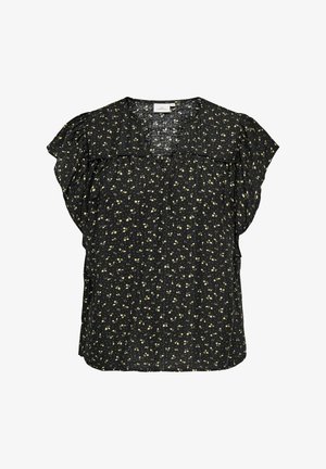 Czarna bluzka z krótkim rękawem w drobny żółty kwiatowy wzór, z dekoltem w serek i delikatnymi pionowymi detalami tekstury.