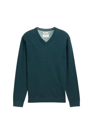 Maglione v-neck color verde scuro, realizzato in tessuto morbido; presenta maniche lunghe, polsini a coste e un'etichetta sul colletto per il marchio.