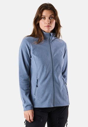 Hellblaues Fleece-Jackett mit hohem Kragen, Frontreißverschluss und zwei seitlichen Taschen. Verfügt über ein dezentes Logo auf der Brust und eine glatte Textur.