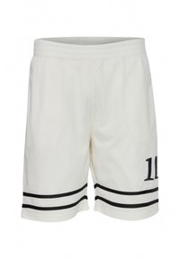 Hvide basketballshorts lavet af åndbart meshstof. Har sorte striber ved kanten og et stort nummer "10" på siden.