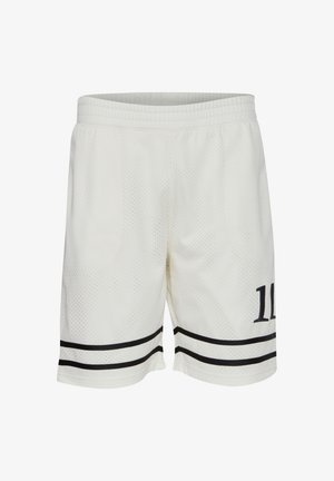 Pantalones cortos de baloncesto blancos hechos de una tela de malla transpirable. Presentan líneas negras en el dobladillo y un gran número "10" en el lado.