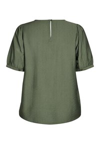 Blouse verte à manches courtes avec un bouton au dos et une ouverture en forme de clé, fabriquée en tissu texturé, dotée de poignets élastiques et d'une coupe décontractée.