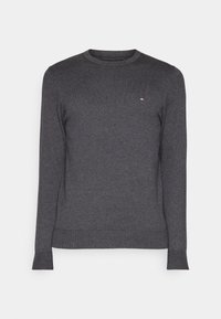 Mörkgrå långärmad tröja med rund halsringning och en liten röd, vit och blå logotyp på vänster bröst, med ribbade manschetter och nederkant.