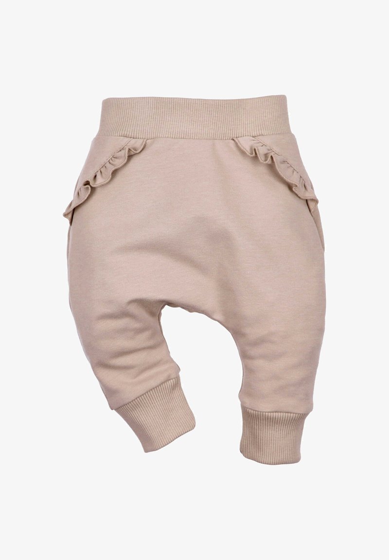 Beżowe bawełniane spodnie haremowe z rypsowym pasem i mankietami, z falbanami na bocznych kieszeniach, które dodają tekstury i interesującego designu.