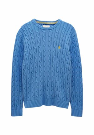 Niebieski sweter z długim rękawem i splotem warkoczowym, z prążkowanymi mankietami i krawędzią, z małym żółtym haftowanym logo na piersi.