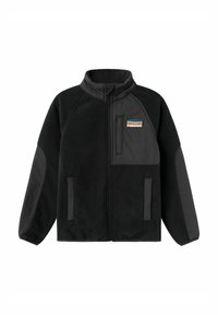 Veste en polaire noire avec un col montant, accents de panneaux contrastants, fermeture éclair à l'avant et patch logo sur la poitrine. Comprend deux poches latérales.