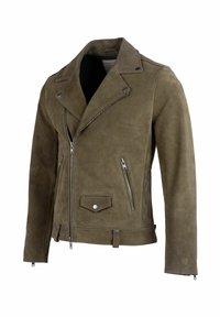 Alyvuogių žalios spalvos zomšinė striukė su nertiniu apykakle, asimetriška priekinė užtrauktukais ir šoninėmis kišenėmis; pasižymi sidabro atspalvio detalėmis ir lygiu paviršiumi.