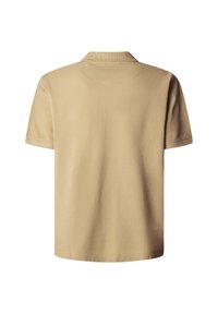 Beige Kurzarm-Poloshirt aus Baumwolle, mit klassischem Kragen und geradem Saum, in einfarbig glatter Textur.