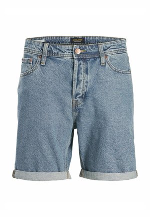Light blue denim shorts with a rolled hem, five pockets, and a button closure. Features stitching accents and a fabric label on the waistband.