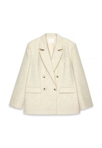 Blazer beige à double boutonnage fabriqué en tissu texturé, avec des revers crantés, deux poches avant et des boutons dorés.