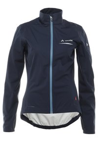 Veste de cyclisme bleu marine à manches longues avec fermeture éclair avant bleu clair, col montant et logo Vaude sur la poitrine et la manche.