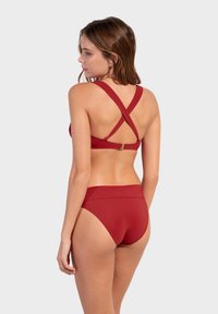 Červený bikini s křížovým designem na zádech, s nastavitelými ramínky a zlatým kováním. Hladká textura a vysoký pás kalhotek.