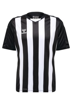T-shirt rayé noir et blanc avec un design en V. Fabriqué en tissu doux, doté d'un logo sur le devant et de manches courtes.
