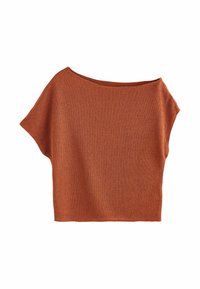 T-shirt à manches courtes, oversize, en tricot orange chaud texturé. Forme carrée avec un large col, présentant un motif côtelé subtil sur l'ensemble.