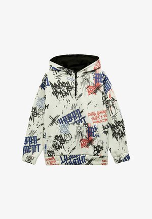 Hooded sweatshirt with white base, black lining, and multicolored graffiti-style prints in blue, red, and black. Features a front pocket.