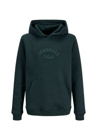 Sudadera con capucha de color verde oscuro con un bolsillo tipo canguro, con texto en relieve "ORIGINALS Studio" en la parte delantera. Material suave, ajuste relajado.