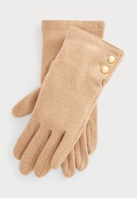 Beige uldhandsker med en blød tekstur, der har to guldknapper ved manchetterne og fingeråbninger for nem påtagning.