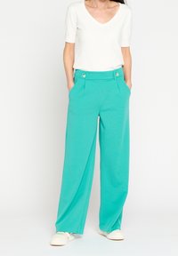 Turquoise wide-leg pants with a smooth texture, featuring front pockets and two-button closure at the waistband. Paired with a white top.