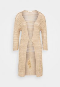 Beige, open-knit cardigan with a deep V-neck, 3/4 sleeves, and a drawstring closure featuring a tassel detail at the waist.