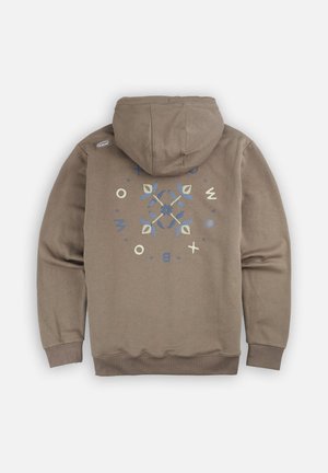 Sweatshirt à capuche marron avec un grand motif géométrique bleu et crème au dos. Fabriqué en tissu doux et texturé avec des poignets côtelés.