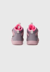 High-top shoes in grey and pink materials, featuring a textured surface, adjustable strap, and padded collar for comfort.