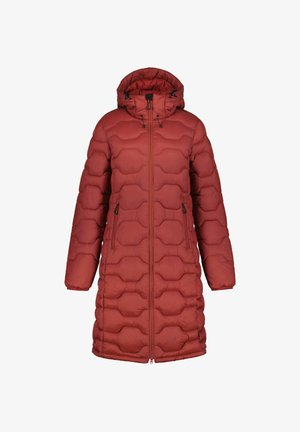 Abrigo de plumas rojo con capucha, con un diseño acolchado, cremallera frontal, dos bolsillos laterales y puños elásticos para mayor calidez.