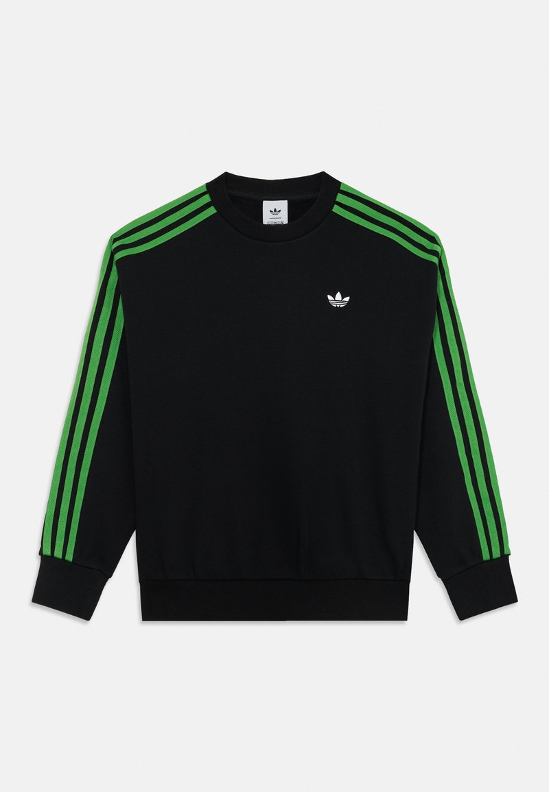 Schwarzer Sweatshirt mit grünen drei Streifen an den Schultern und Ärmeln. Besitzt ein weißes Logo auf der Vorderseite sowie gerippte Bündchen und Saum.