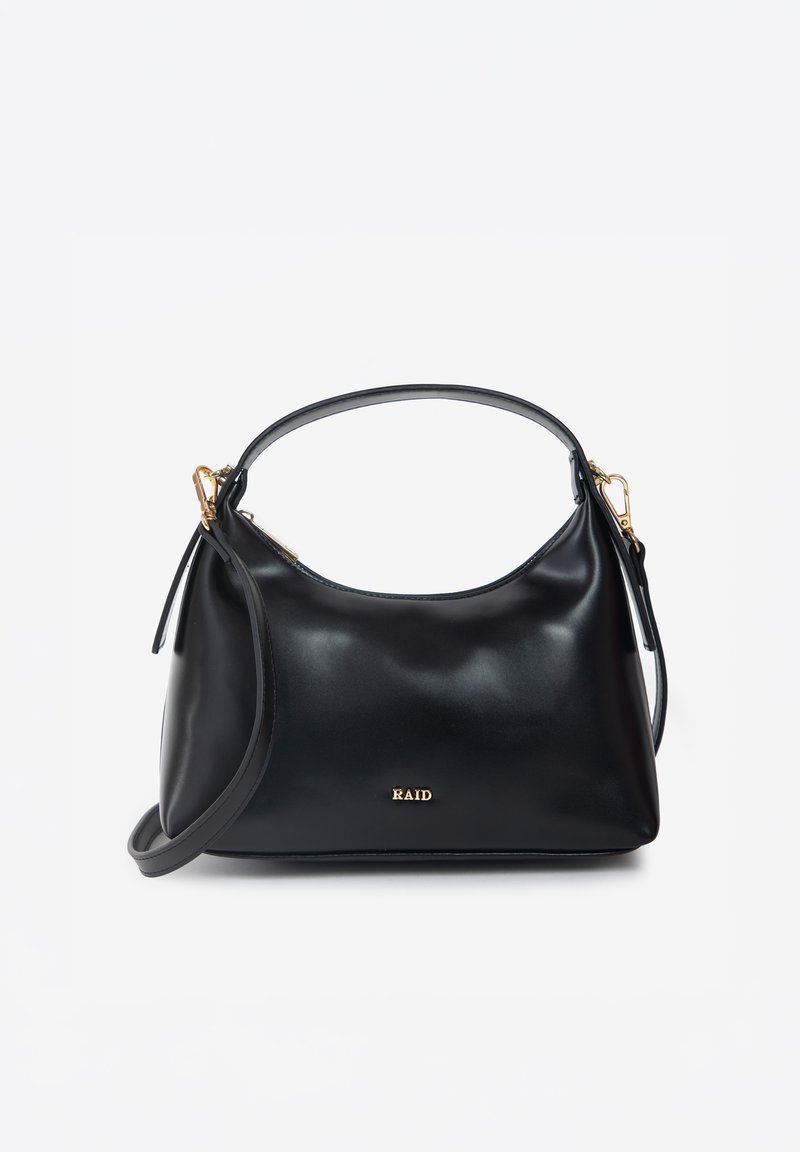 Sac à main en cuir noir avec une poignée courte et une bandoulière amovible, avec des garnitures dorées et le logo RAID à l'avant.