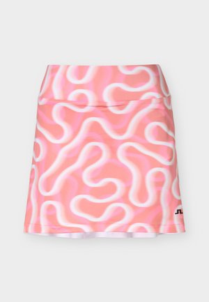 Ružová a biela abstraktná mini sukňa s vlnkovým vzorom, s priliehavým pásom a malým čiernym logom na spodnom pravom okraji.