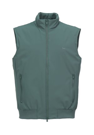 Gilet senza maniche in tessuto turchese con texture liscia, collo alto, cerniera frontale e due tasche laterali con zip. Rifinito con orlo a coste.