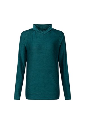 Ciemnozielony (teal) bluza z kapturem z długim rękawem, z przednią kieszenią kangurką i delikatnym fakturowanym wzorem materiału.