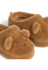 Bruna plyschtofflor med en fluffig textur, med små öron och broderade ansiktsdetaljer. Rundad form för komfort och värme.