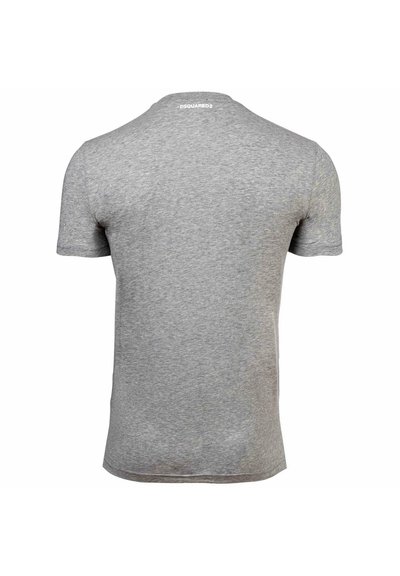 T-shirt gris à manches courtes et coupe ajustée, vue de dos, avec un petit logo blanc "DSQUARED2" imprimé près de l'encolure.
