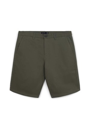 Pantaloni corti khaki con chiusura a bottone, due tasche laterali, tessuto morbido e taglio dritto. Nessun motivo visibile o dettagli in metallo.
