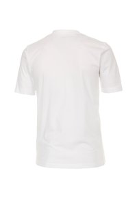 T-shirt bianca a maniche corte, design con colletto rotondo, realizzata in morbido cotone, caratterizzata da una texture semplice e senza loghi o motivi visibili.