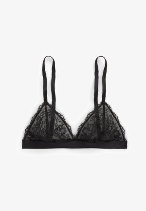Bralette in pizzo nero con coppe triangolari, spalline regolabili e un bordo in satin. Presenta un motivo floreale in pizzo e una texture morbida.
