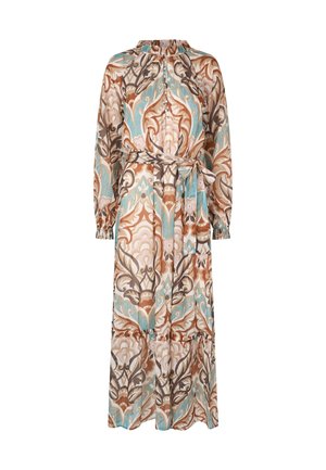 Maxikleid mit langen Ärmeln, braunen, beigen und blauen verzierenden Blumenmustern, hohem Kragen, geknöpft vorne und Stoffgürtel in der Taille.