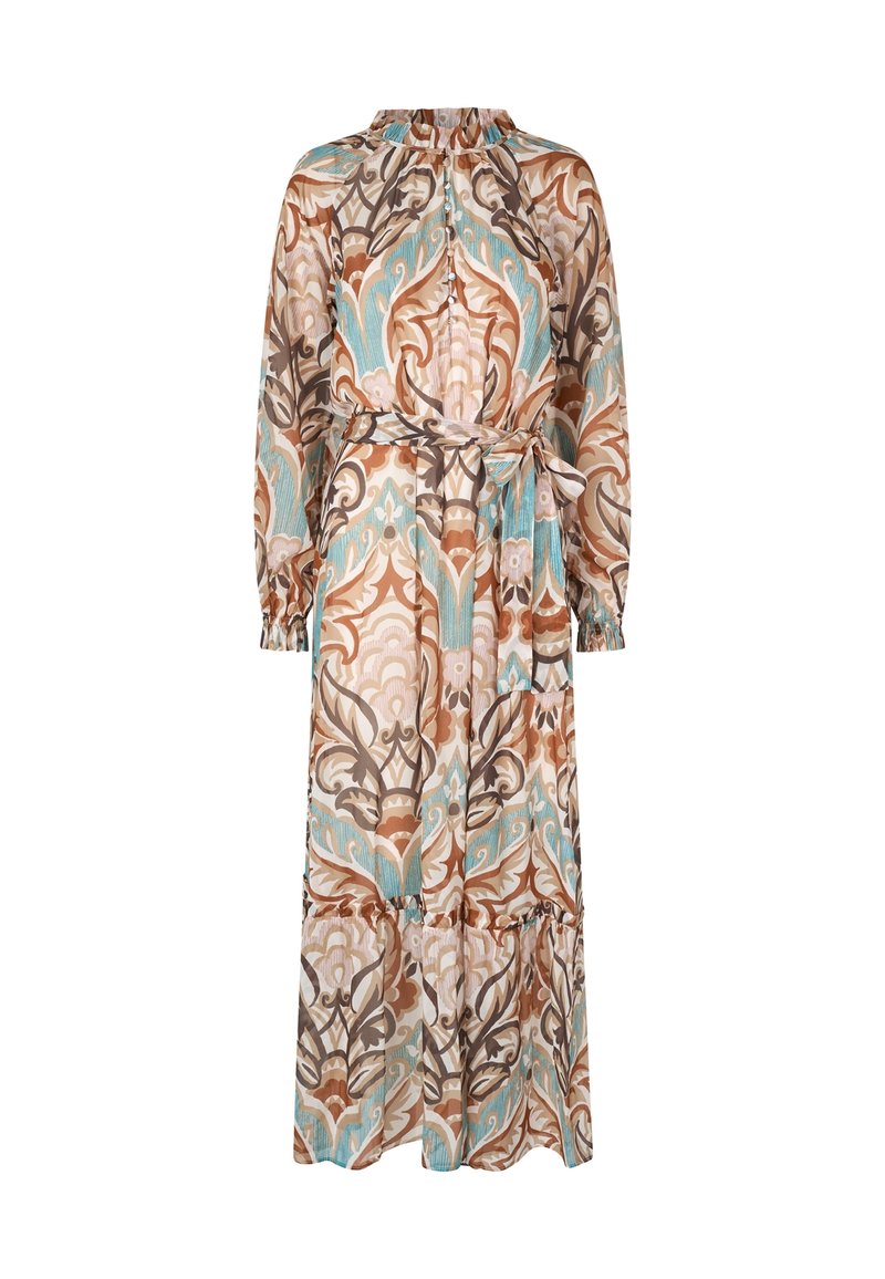 Robe longue à manches longues avec motifs floraux ornés marron, beige et bleu, col montant, devant boutonné et ceinture nouée en tissu à la taille.