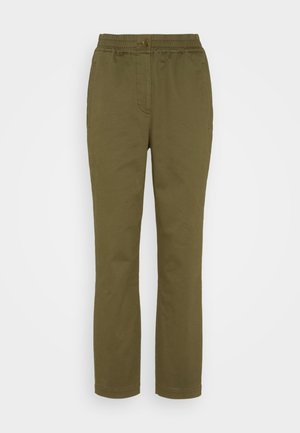 Olive green pants with an elastic waistband, front pockets, and straight leg design. Made from soft, lightweight cotton fabric.