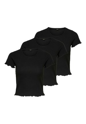 Drei schwarze, gerippte Crop-Tops mit kurzen Ärmeln, rundem Halsausschnitt und Rüschensäumen, überlappend auf weißem Hintergrund angeordnet.