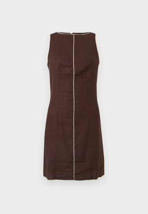 Αμάνικο σκούρο καφέ φόρεμα με μπεζ κάθετες ραφές στο κέντρο και γύρω από το στρογγυλό ντεκολτέ.