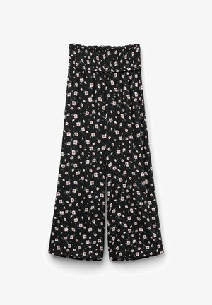 Pantalons en tissu noir avec une taille froncée, ornés d'un motif floral dans des tons de rose et de vert, avec des jambes larges et une texture légère.