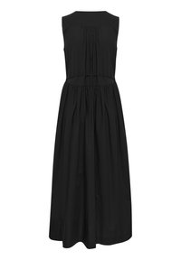 Schwarzes ärmelloses Kleid mit tailliertem Oberteil und gerafftem Rock, aus leichtem Material gefertigt, mit rundem Ausschnitt und fließendem Design.