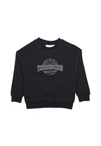 Felpa nera realizzata in morbido tessuto, con collo rotondo, maniche lunghe e una stampa grafica "Timberland" sul davanti.
