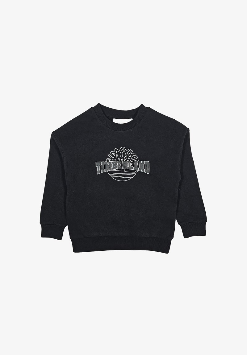 Sweatshirt noir en tissu doux, avec un col rond, des manches longues et un motif graphique "Timberland" sur le devant.