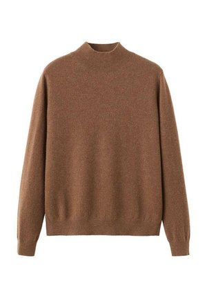 Pull en tricot marron, col montant, manches longues, poignets et ourlet côtelés, texture douce, léger, design minimaliste sans motifs.